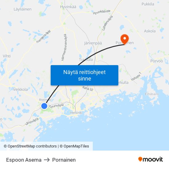 Espoon Asema to Pornainen map