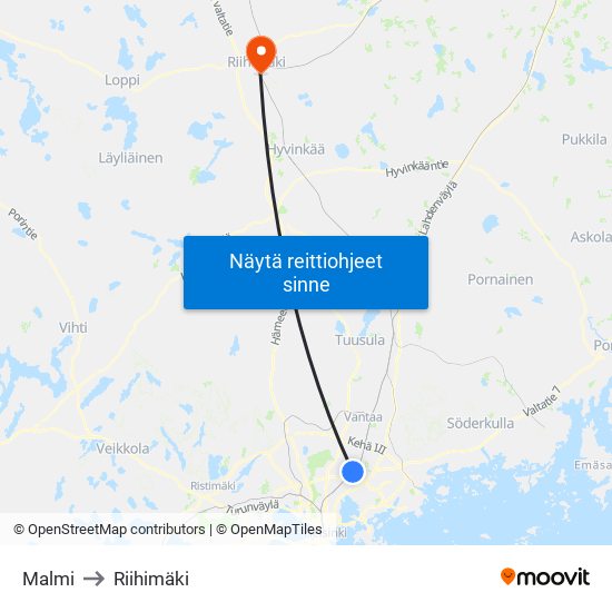 Malmi to Riihimäki map