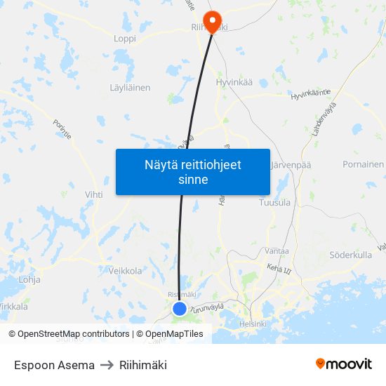 Espoon Asema to Riihimäki map
