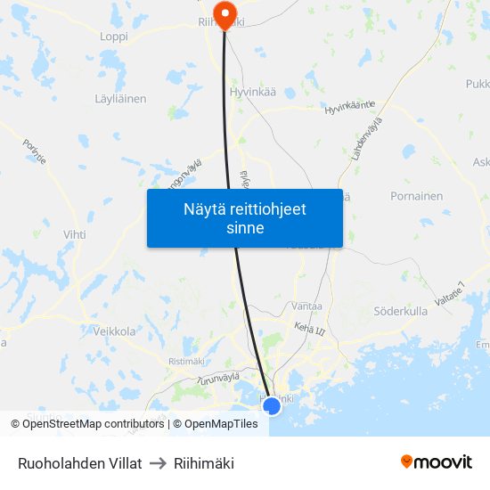 Ruoholahden Villat to Riihimäki map