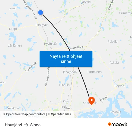 Hausjärvi to Sipoo map