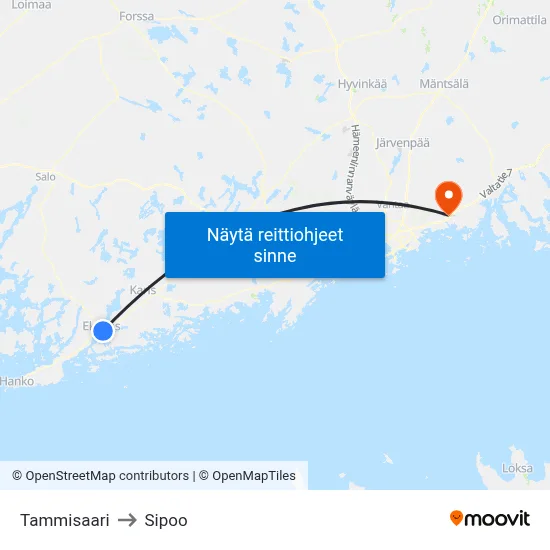 Tammisaari to Sipoo map