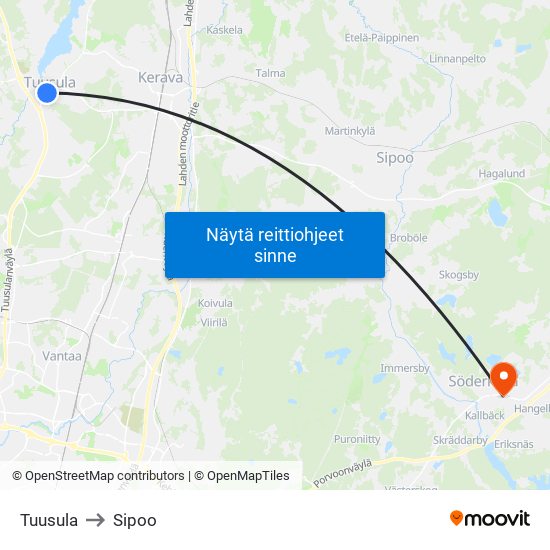 Tuusula to Sipoo map