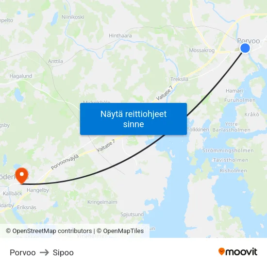 Porvoo to Sipoo map