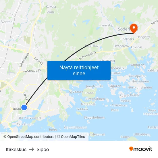 Itäkeskus to Sipoo map