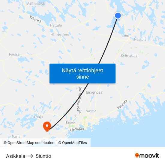 Asikkala to Siuntio map