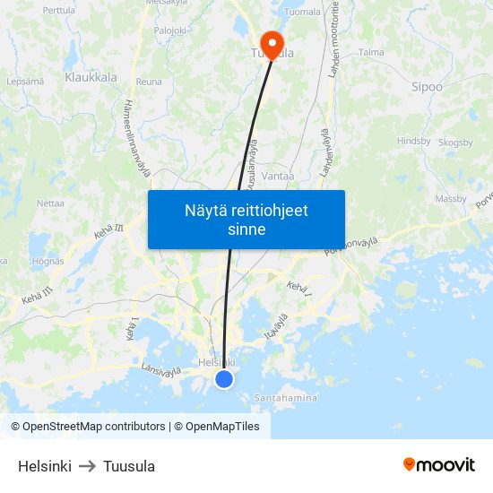 Helsinki to Tuusula map