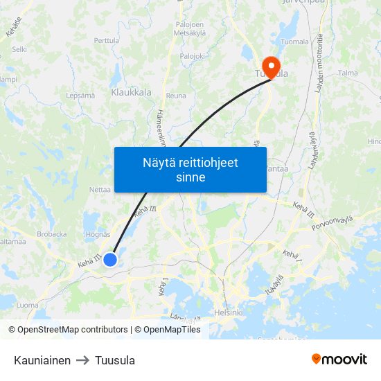 Kauniainen to Tuusula map