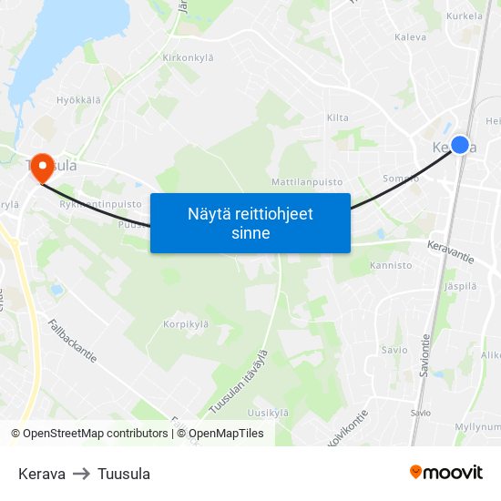 Kerava to Tuusula map