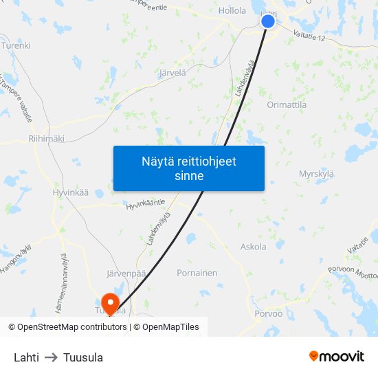 Lahti to Tuusula map