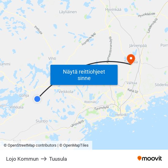 Lojo Kommun to Tuusula map