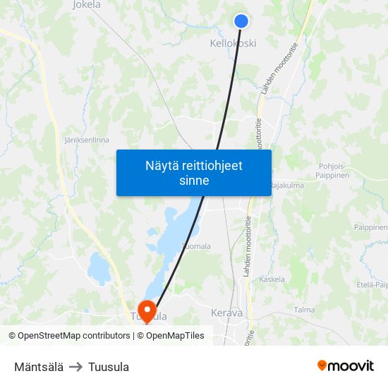 Mäntsälä to Tuusula map