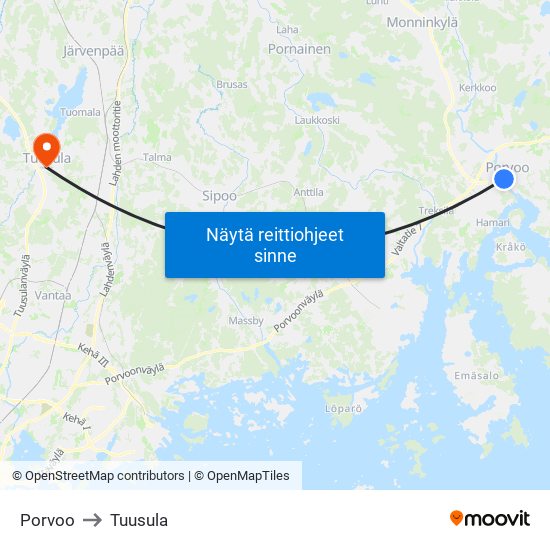 Porvoo to Tuusula map