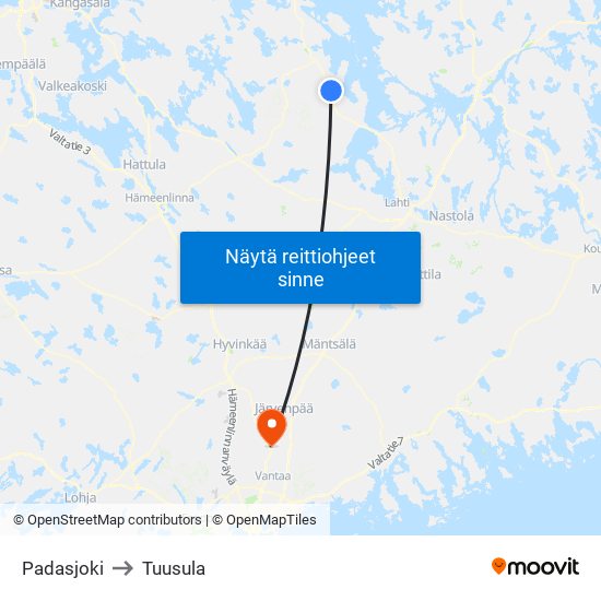 Padasjoki to Tuusula map