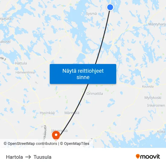 Hartola to Tuusula map