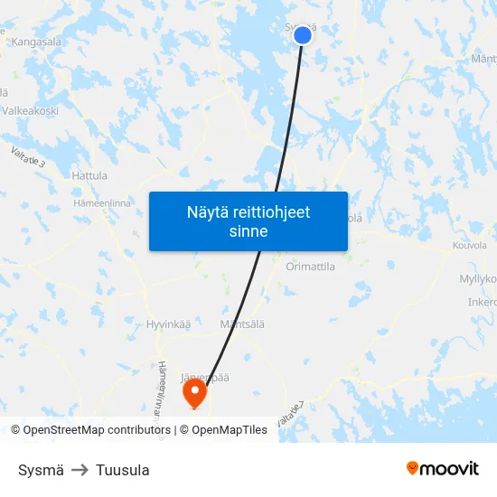 Sysmä to Tuusula map