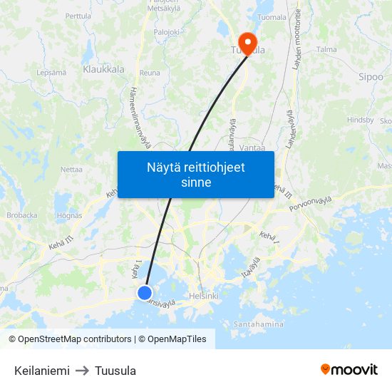 Keilaniemi to Tuusula map