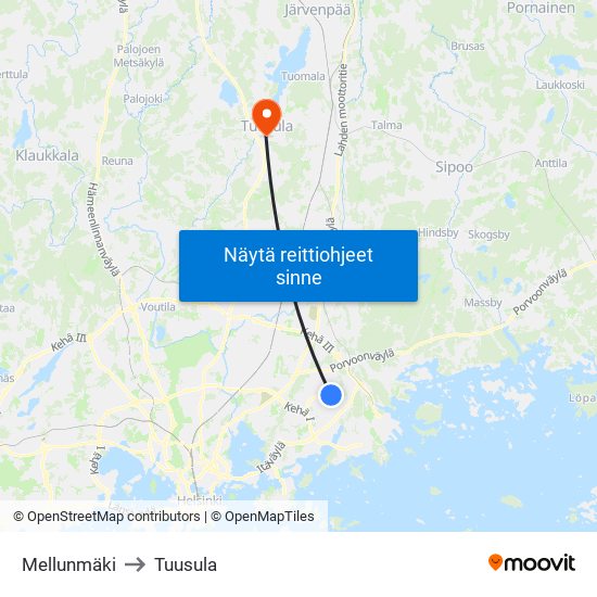 Mellunmäki to Tuusula map