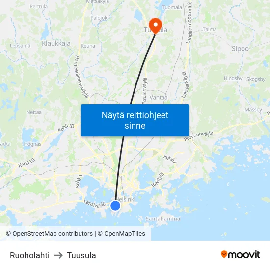 Ruoholahti to Tuusula map