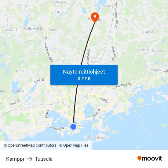 Kamppi to Tuusula map