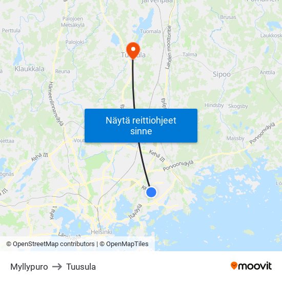 Myllypuro to Tuusula map