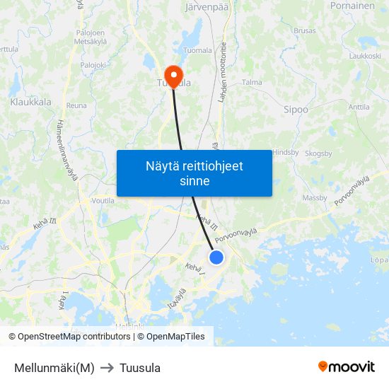 Mellunmäki(M) to Tuusula map