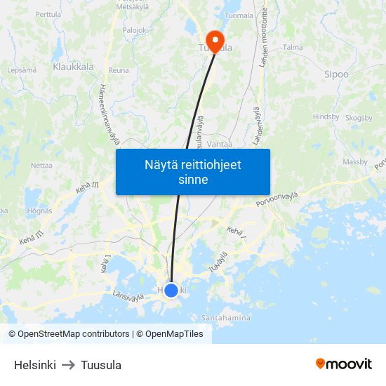 Helsinki to Tuusula map