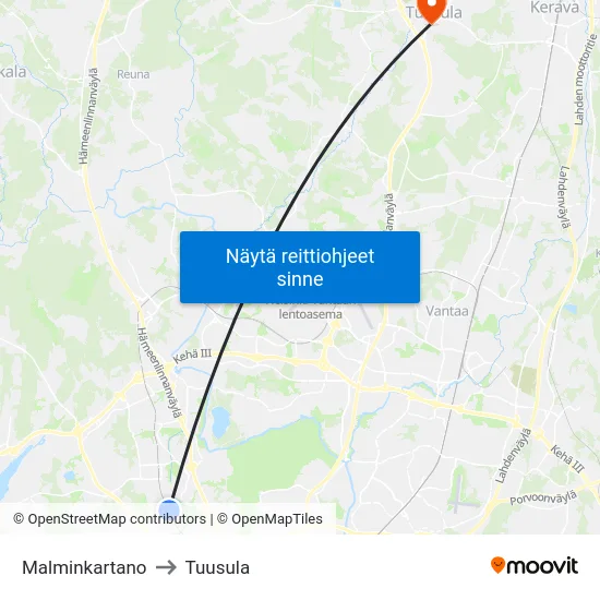 Malminkartano to Tuusula map