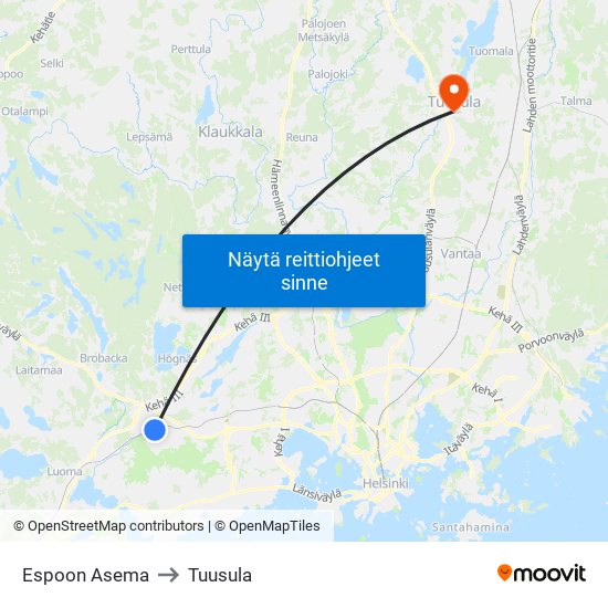 Espoon Asema to Tuusula map