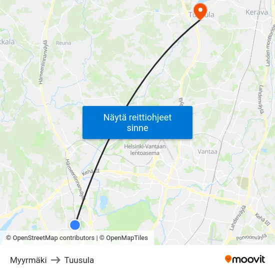 Myyrmäki to Tuusula map
