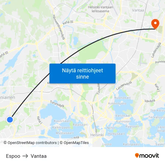 Espoo to Vantaa map