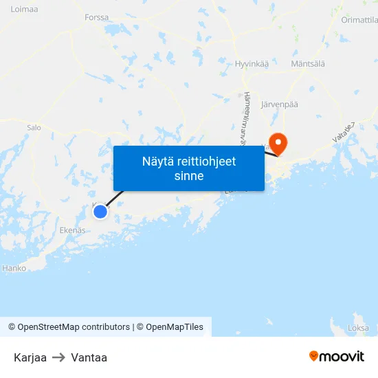 Karjaa to Vantaa map
