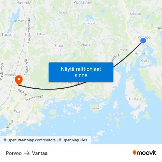 Porvoo to Vantaa map