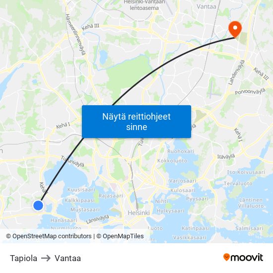 Tapiola to Vantaa map