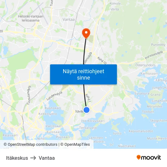 Itäkeskus to Vantaa map