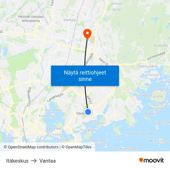 Itäkeskus to Vantaa map