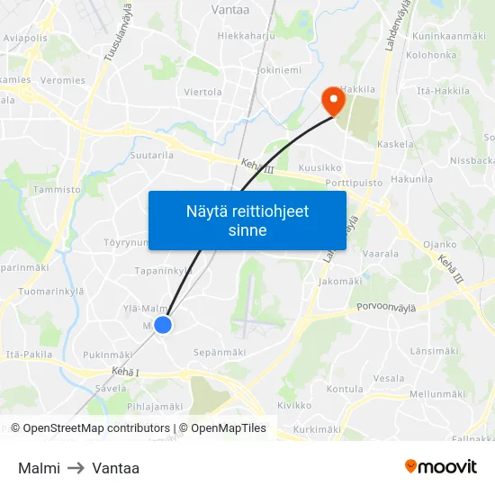 Malmi to Vantaa map