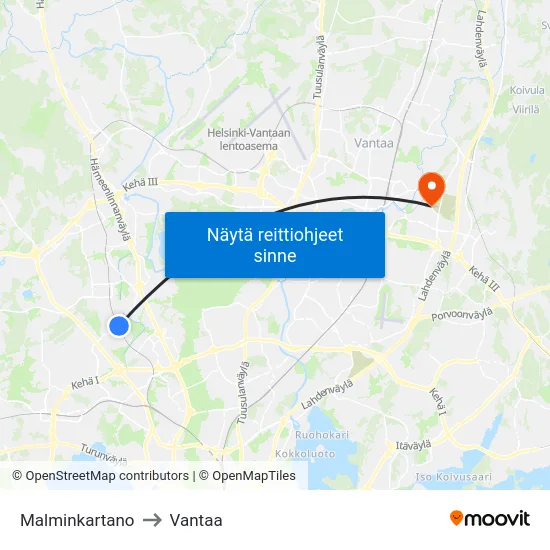 Malminkartano to Vantaa map