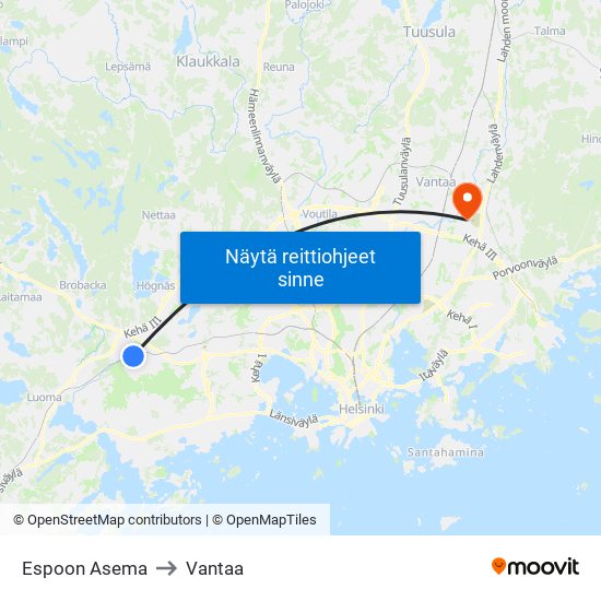 Espoon Asema to Vantaa map