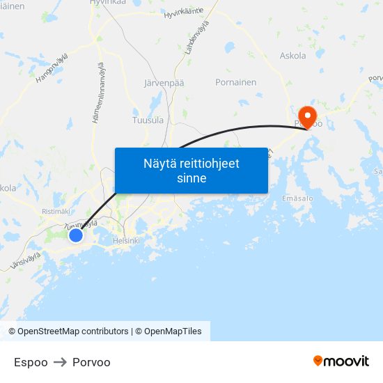 Espoo to Porvoo map
