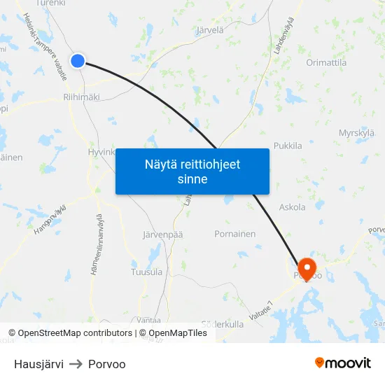 Hausjärvi to Porvoo map