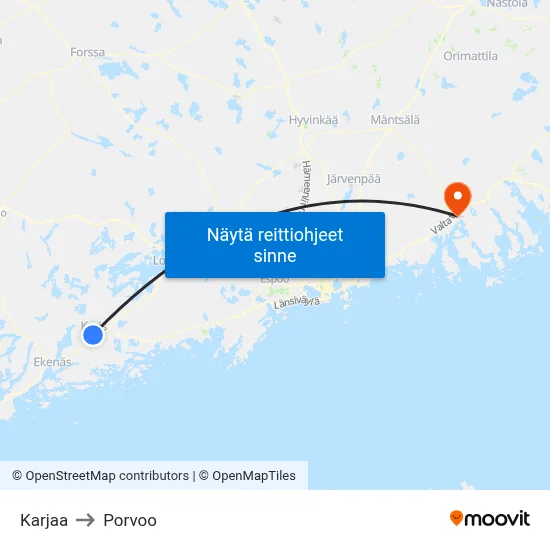 Karjaa to Porvoo map