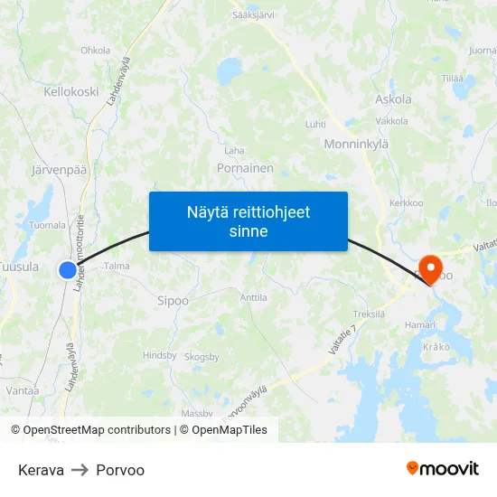 Kerava to Porvoo map