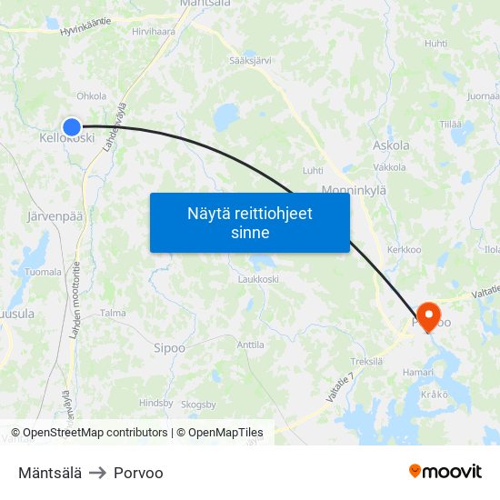 Mäntsälä to Porvoo map