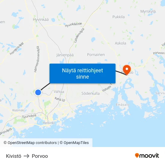 Kivistö to Porvoo map