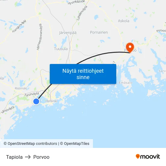 Tapiola to Porvoo map