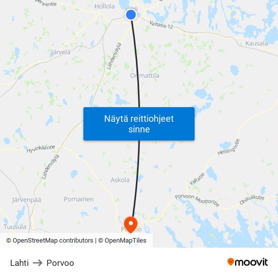 Lahti to Porvoo map