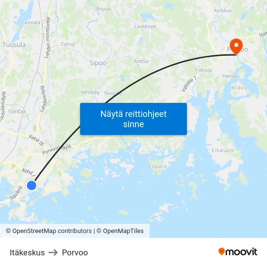 Itäkeskus to Porvoo map