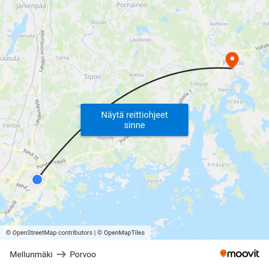Mellunmäki to Porvoo map