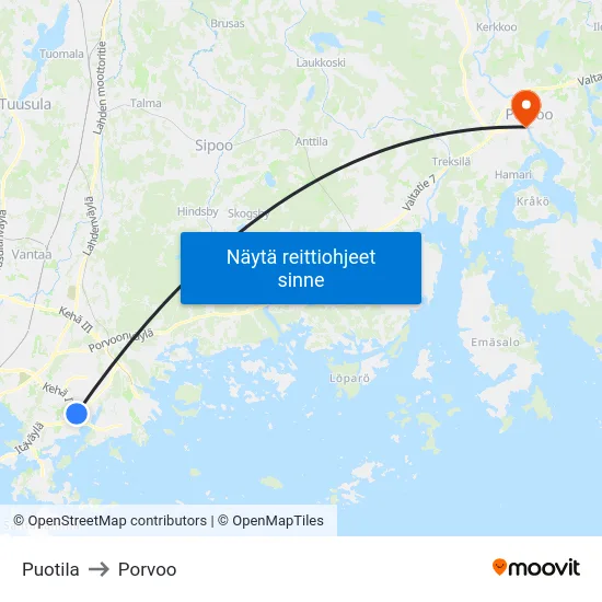 Puotila to Porvoo map